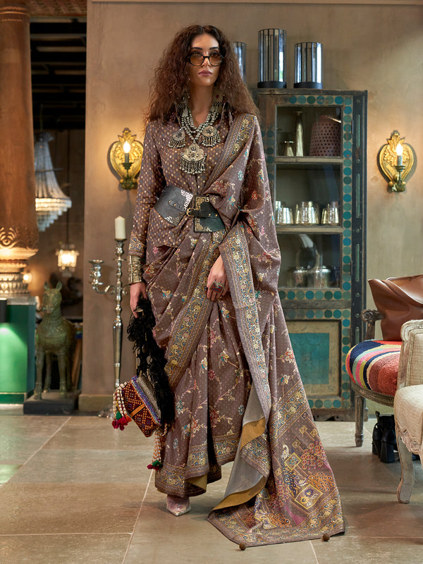 Traditional Brown Glory Finish Printed Silk Saree for Wedding & Festival Wear