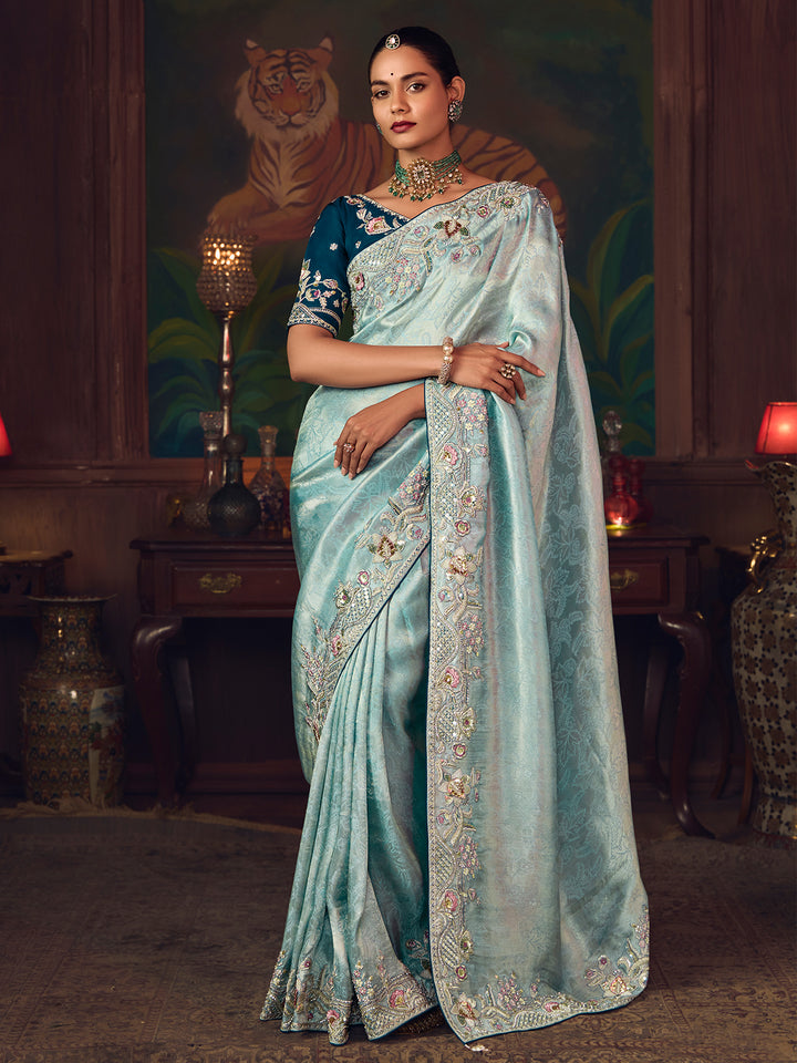 Sky Blue Silk Saree with Heavy Embroidery | Designer Wedding & Festive Wear