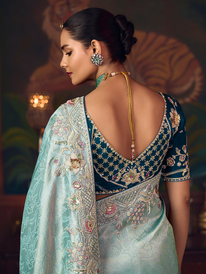 Sky Blue Silk Saree with Heavy Embroidery | Designer Wedding & Festive Wear