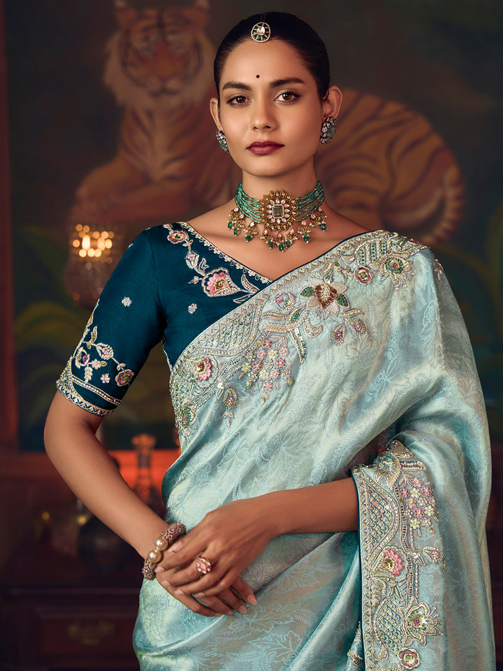 Sky Blue Silk Saree with Heavy Embroidery | Designer Wedding & Festive Wear
