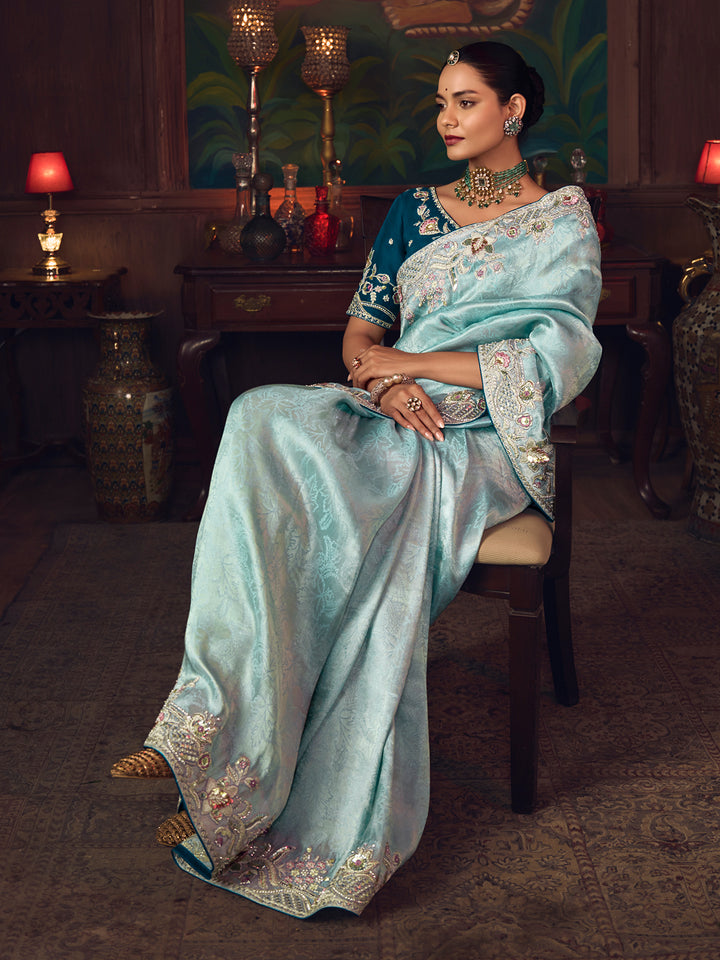 Sky Blue Silk Saree with Heavy Embroidery | Designer Wedding & Festive Wear