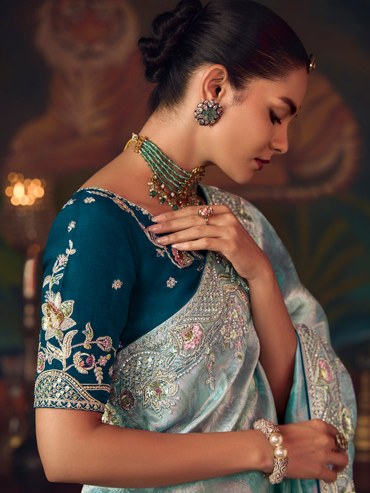 Sky Blue Silk Saree with Heavy Embroidery | Designer Wedding & Festive Wear