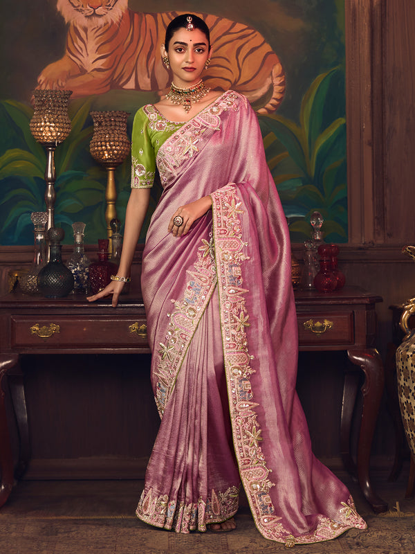Pink Silk Saree with Heavy Embroidery | Green Contrasting Blouse | Perfect Wedding & Festive Wear