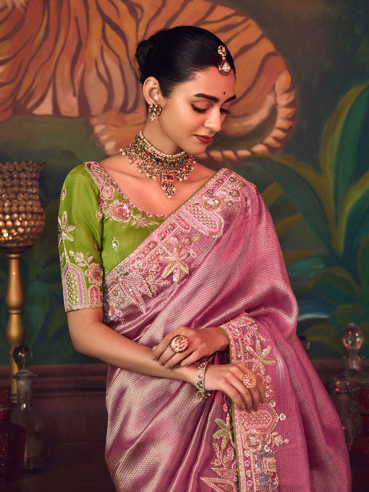 Pink Silk Saree with Heavy Embroidery | Green Contrasting Blouse | Perfect Wedding & Festive Wear