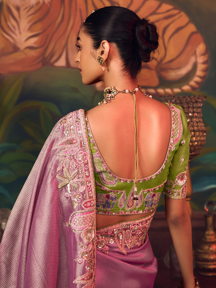 Pink Silk Saree with Heavy Embroidery | Green Contrasting Blouse | Perfect Wedding & Festive Wear