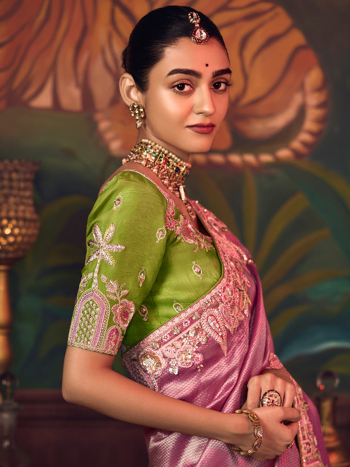 Pink Silk Saree with Heavy Embroidery | Green Contrasting Blouse | Perfect Wedding & Festive Wear