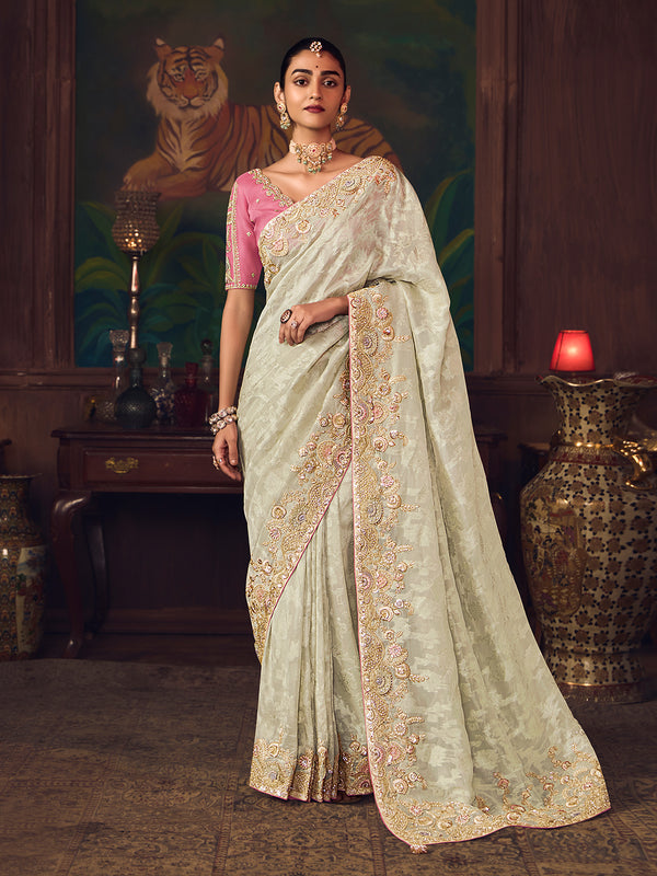 Elegant White Silk Saree for Wedding & Festive Occasions | Heavy Embroidery Work