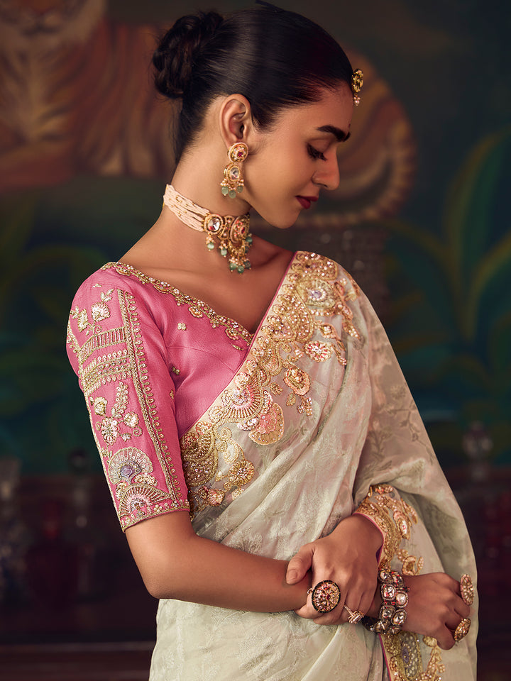 Elegant White Silk Saree for Wedding & Festive Occasions | Heavy Embroidery Work