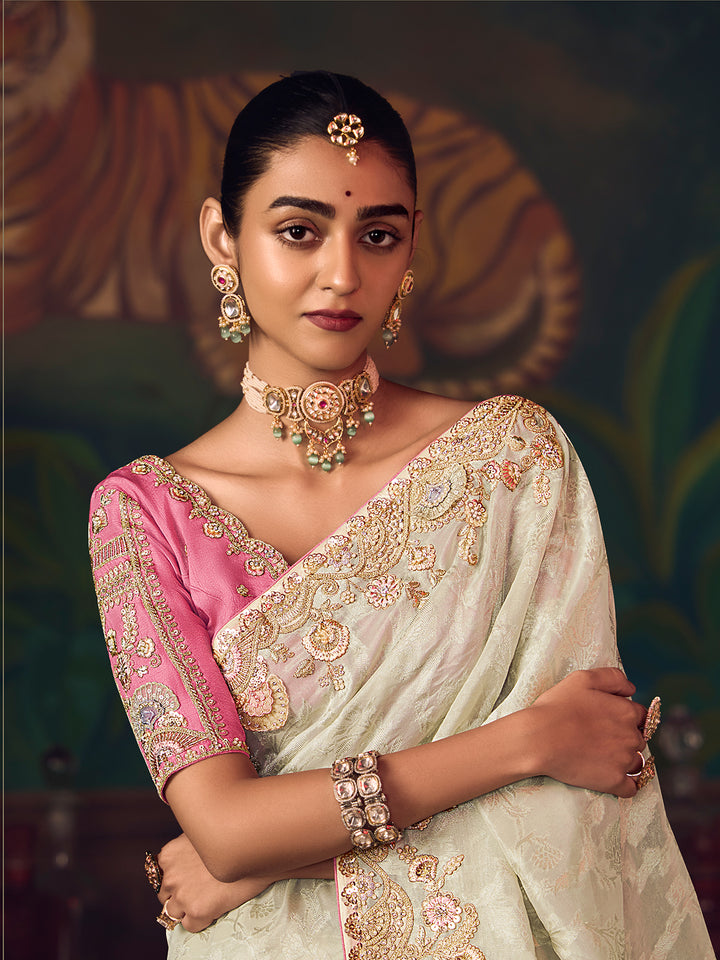 Elegant White Silk Saree for Wedding & Festive Occasions | Heavy Embroidery Work