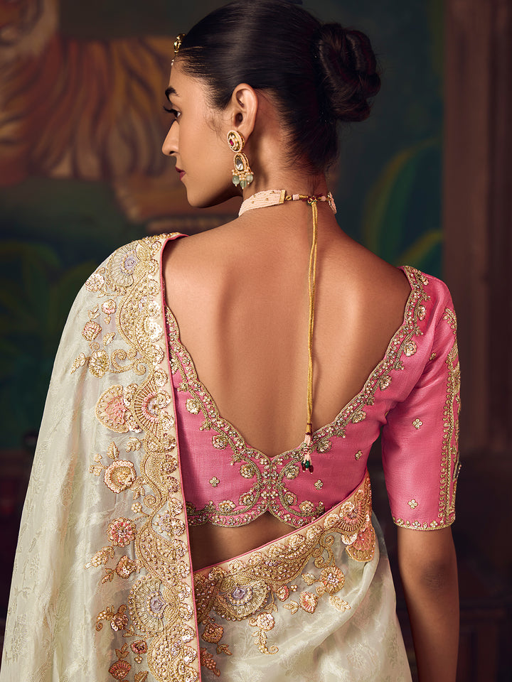 Elegant White Silk Saree for Wedding & Festive Occasions | Heavy Embroidery Work