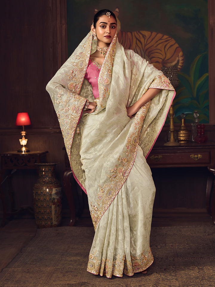 Elegant White Silk Saree for Wedding & Festive Occasions | Heavy Embroidery Work