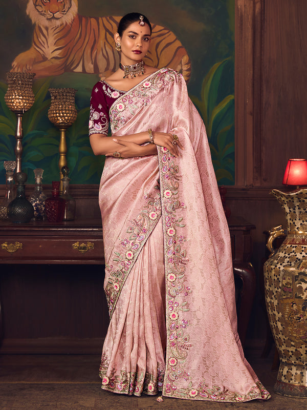 Designer Light Pink Silk Saree with Heavy Embroidery | Wedding & Festive Wear Sari | Contrast Purple Silk Blouse
