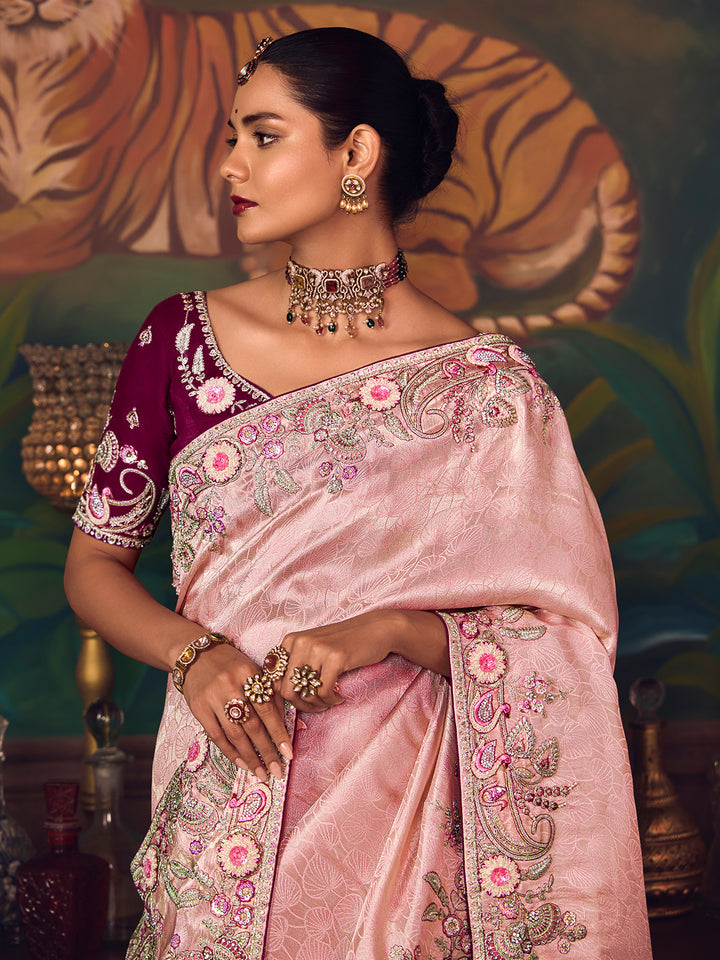 Designer Light Pink Silk Saree with Heavy Embroidery | Wedding & Festive Wear Sari | Contrast Purple Silk Blouse