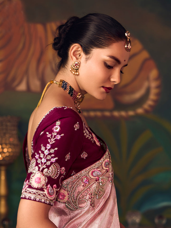 Designer Light Pink Silk Saree with Heavy Embroidery | Wedding & Festive Wear Sari | Contrast Purple Silk Blouse