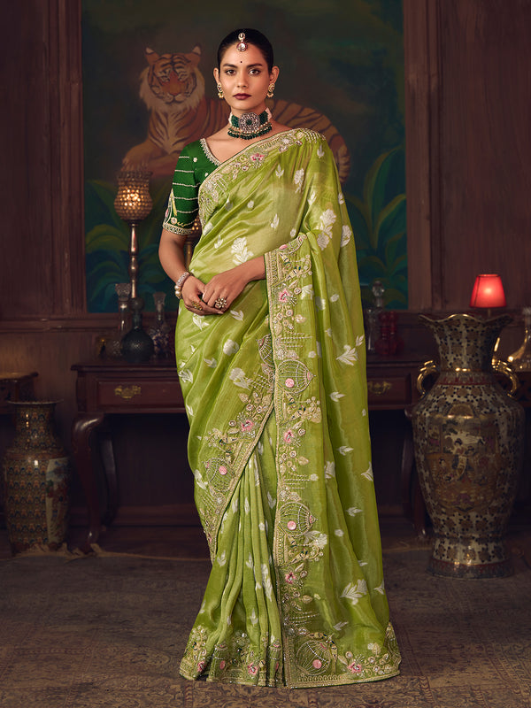 Premium Green Silk Saree with Heavy Embroidery Work | Wedding & Festive Designer Collection
