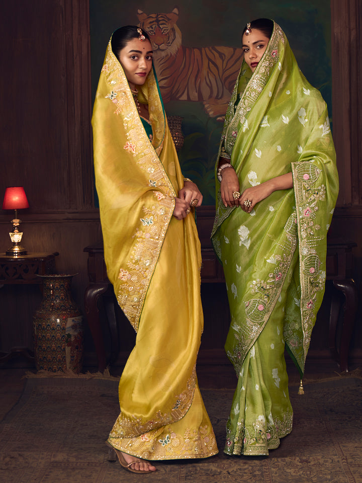 Premium Green Silk Saree with Heavy Embroidery Work | Wedding & Festive Designer Collection