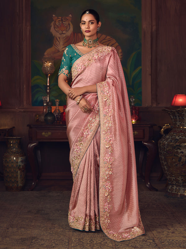 Ruby Pink Silk Saree with Heavy Embroidery & Contrast Green Blouse | Festive & Wedding Wear