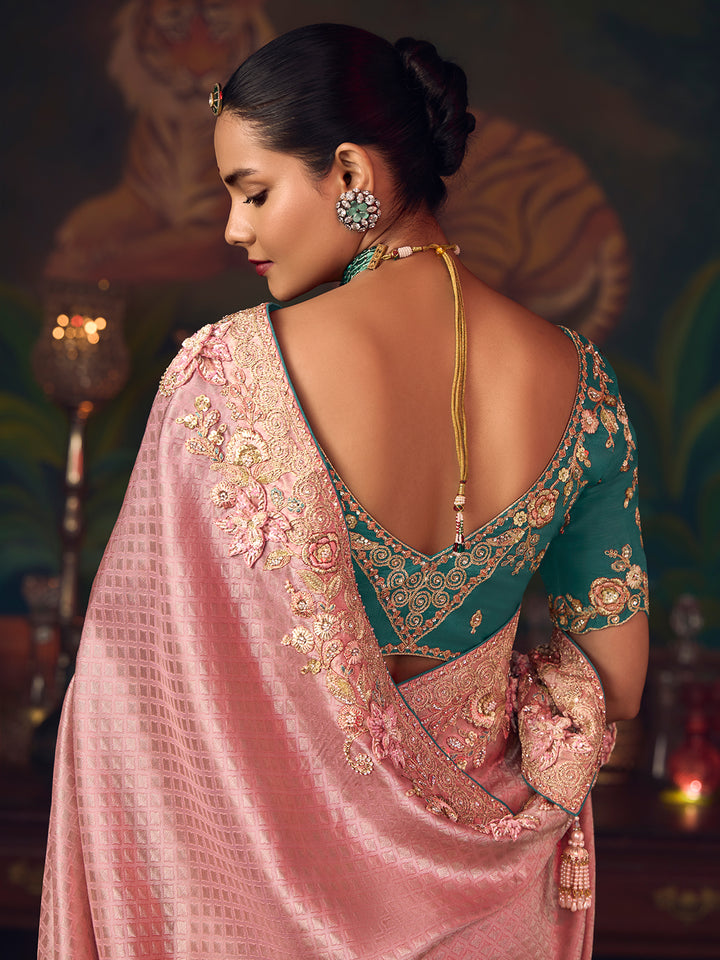 Ruby Pink Silk Saree with Heavy Embroidery & Contrast Green Blouse | Festive & Wedding Wear