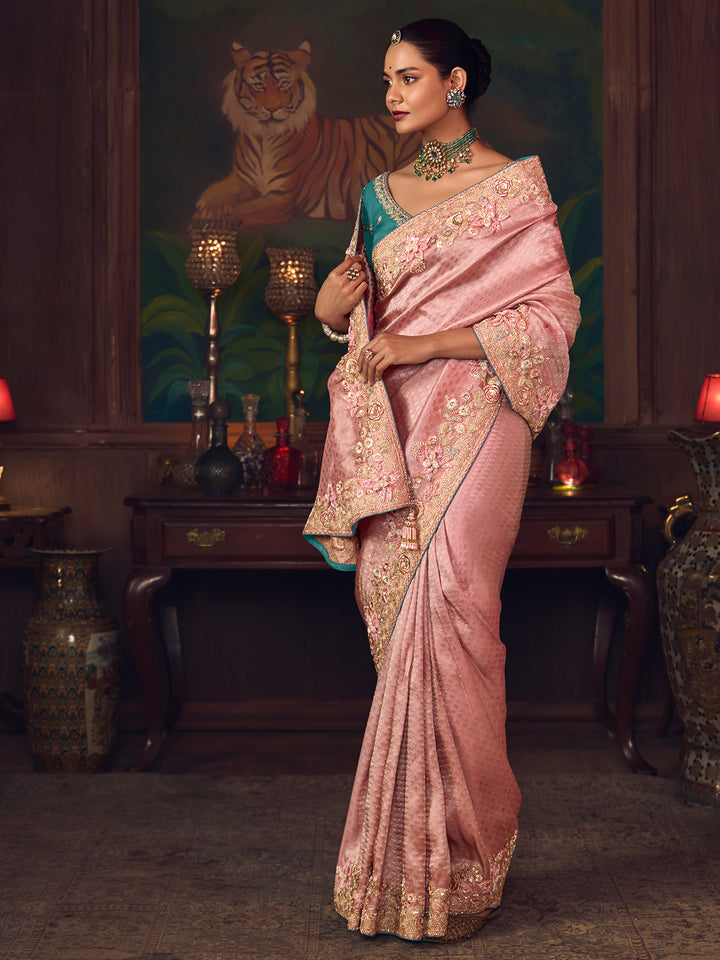 Ruby Pink Silk Saree with Heavy Embroidery & Contrast Green Blouse | Festive & Wedding Wear