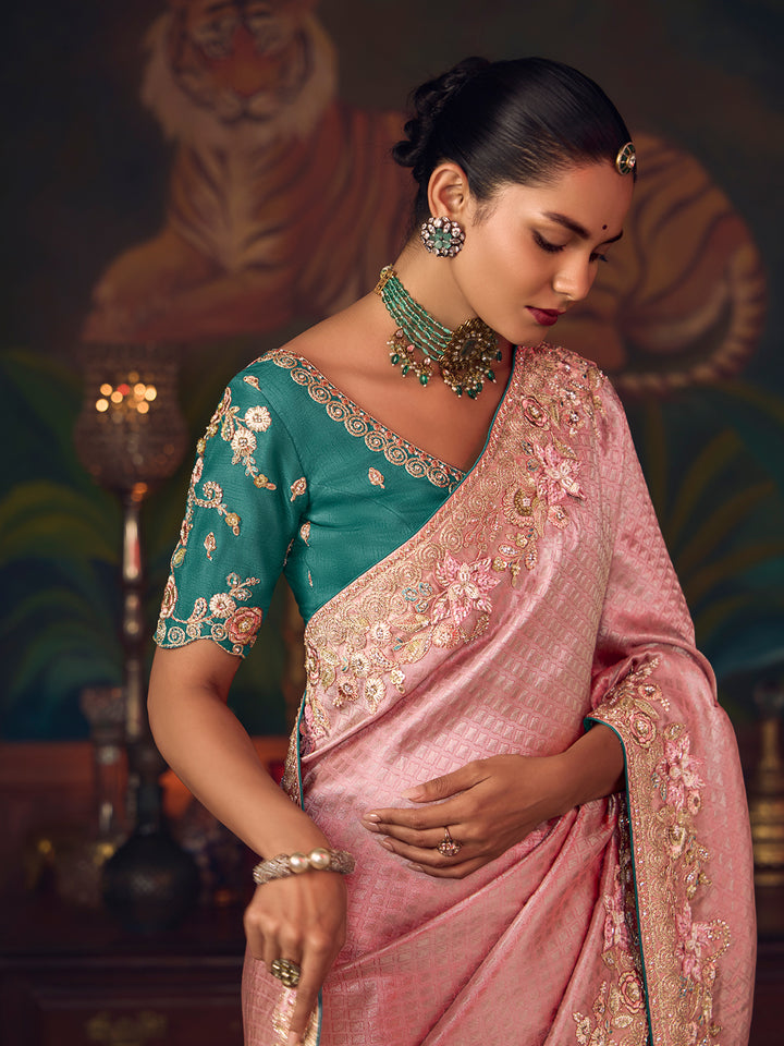 Ruby Pink Silk Saree with Heavy Embroidery & Contrast Green Blouse | Festive & Wedding Wear