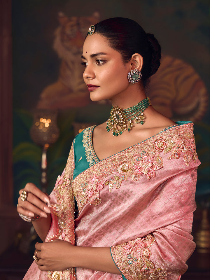 Ruby Pink Silk Saree with Heavy Embroidery & Contrast Green Blouse | Festive & Wedding Wear