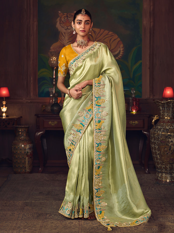 Pista Green Silk Saree: Heavy Embroidery Wedding & Festive Wear