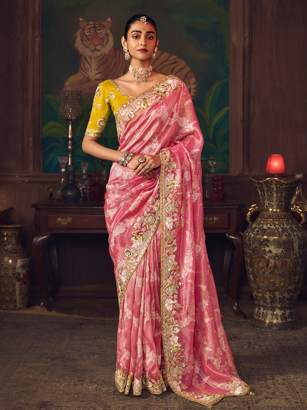 Pink Silk Saree with Heavy Embroidery | Festive & Wedding Wear Sari | Mustard Blouse
