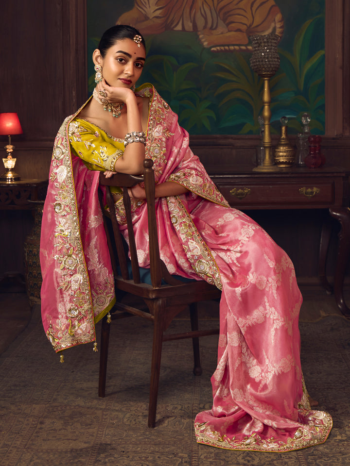 Pink Silk Saree with Heavy Embroidery | Festive & Wedding Wear Sari | Mustard Blouse
