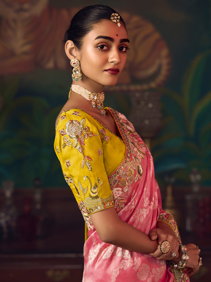 Pink Silk Saree with Heavy Embroidery | Festive & Wedding Wear Sari | Mustard Blouse