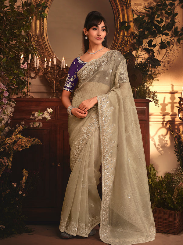 Beige Tissue Organza Saree with Heavy Embroidery & Stone Work Border – Party & Wedding Wear with Purple Silk Blouse