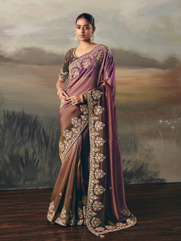 purple tissue zari saree with embroidery handwork and brown silk blouse | festive & wedding wear