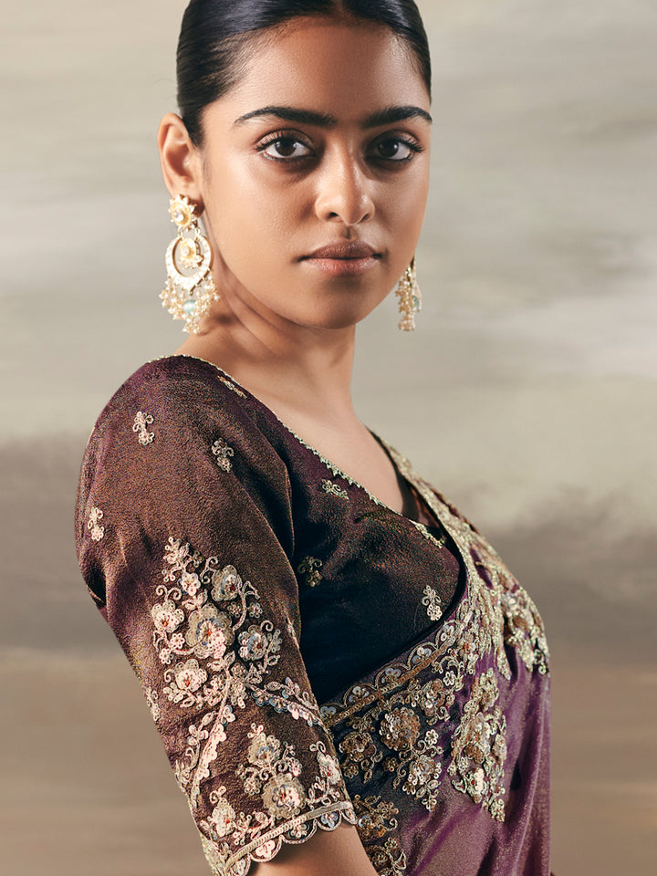 purple tissue zari saree with embroidery handwork and brown silk blouse | festive & wedding wear
