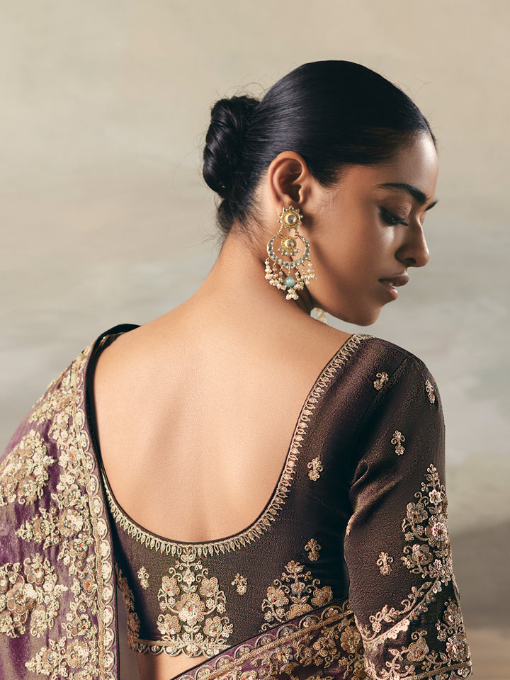 purple tissue zari saree with embroidery handwork and brown silk blouse | festive & wedding wear