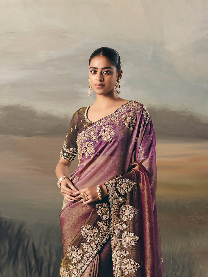 purple tissue zari saree with embroidery handwork and brown silk blouse | festive & wedding wear