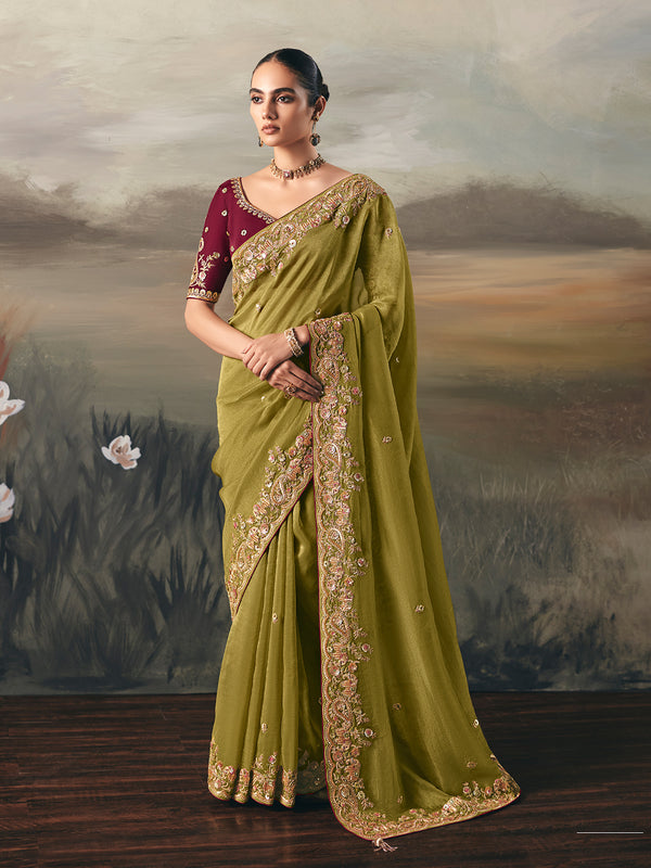 Green Tissue Zari Saree with Embroidery HandWork & Maroon Silk Blouse | Festive Wedding Wear Sari