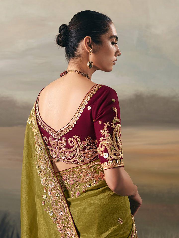 Woman wearing a traditional maroon and green saree with intricate embroidery against a blurred natural background