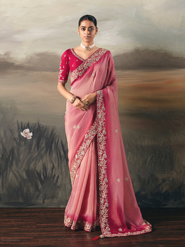 Pink Tissue Zari Saree with Handwork Embroidery | Festive Wedding Silk Blouse Set