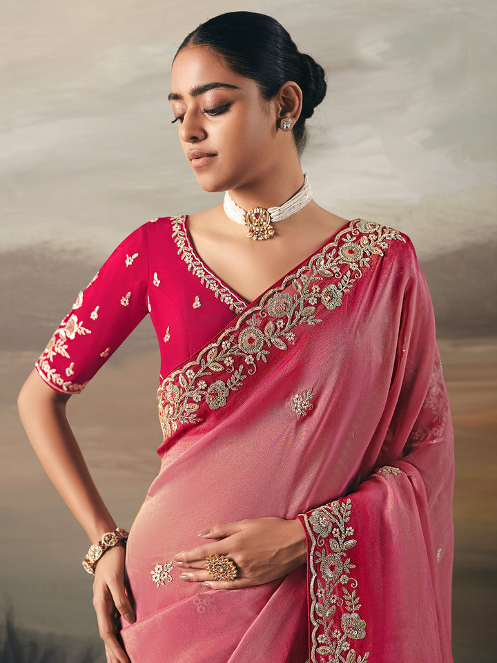 Pink Tissue Zari Saree with Handwork Embroidery | Festive Wedding Silk Blouse Set