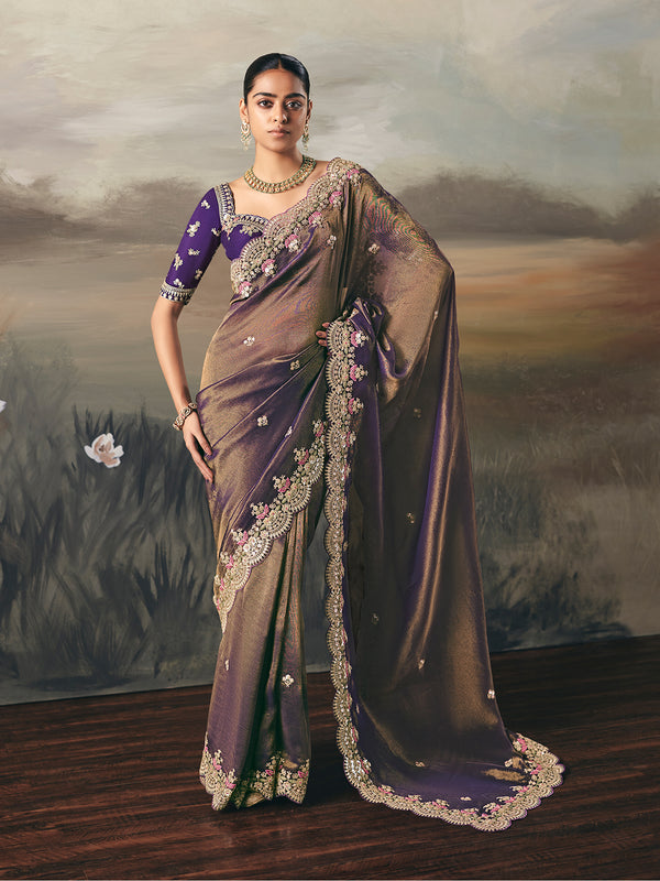 Tissue Zari  Embroidery Handwork  Occasion Saree In Purple