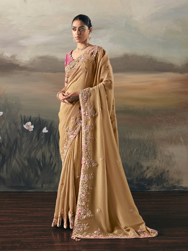 Beige Tissue Zari Saree with Handwork & Pink Silk Blouse for Wedding & Festive Wear