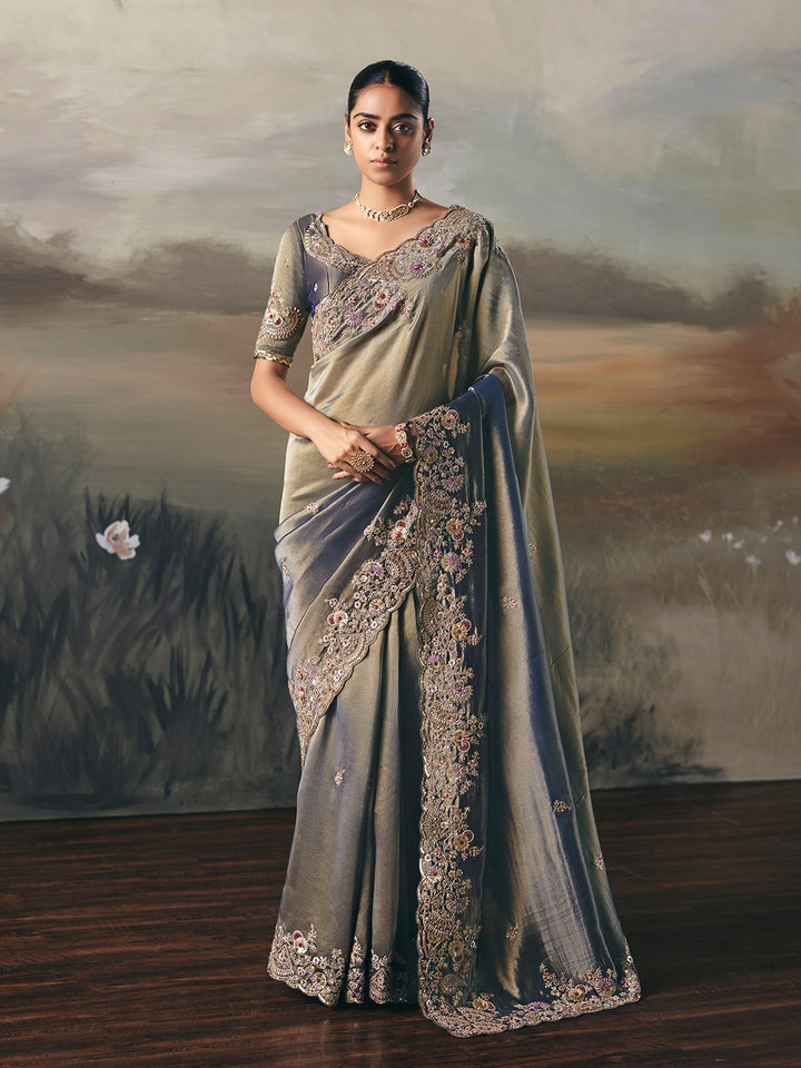 Handwork Grey Tissue Zari Saree - Luxurious Festive & Wedding Wear with Silk Blouse