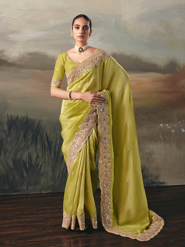Green Tissue Zari Saree with Embroidery HandWork | Festive & Wedding Wear