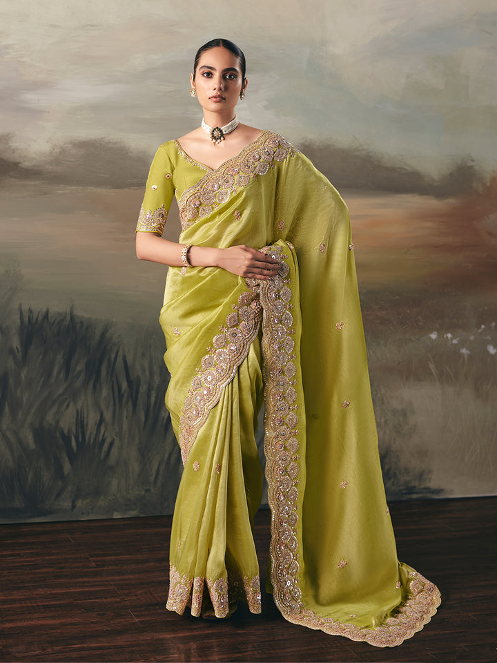 Green Tissue Zari Saree with Embroidery HandWork | Festive & Wedding Wear