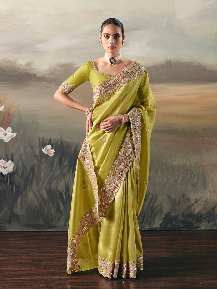 Woman wearing a green saree with gold embroidery against a scenic background