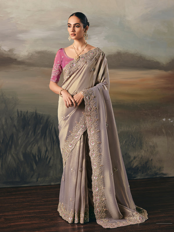 Grey Tissue Zari Handwork Saree with Pink Silk Blouse for Festive Wedding Wear