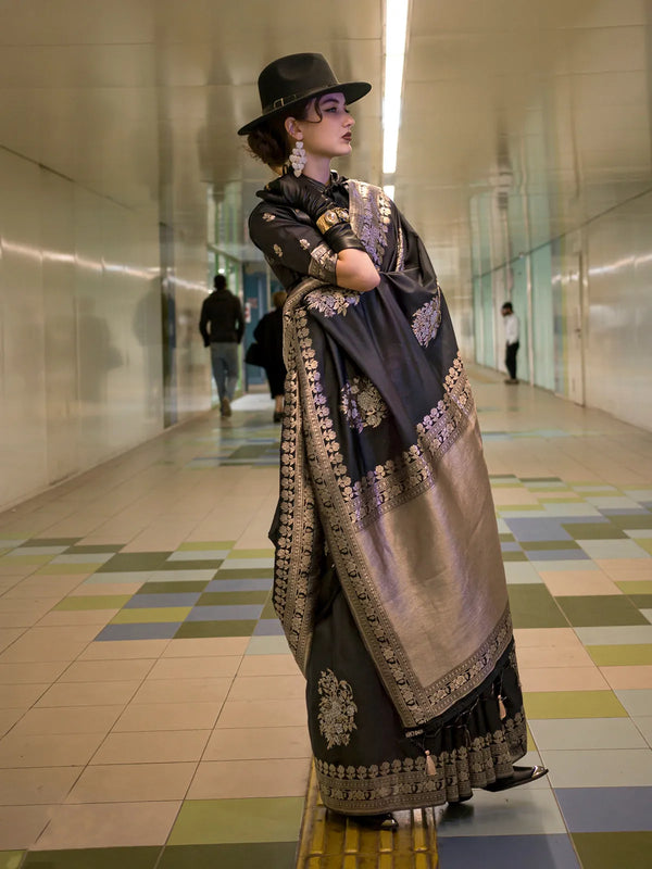 Black Silk Saree with Intricate Handloom Weaving & Colorful Borders for party Wear