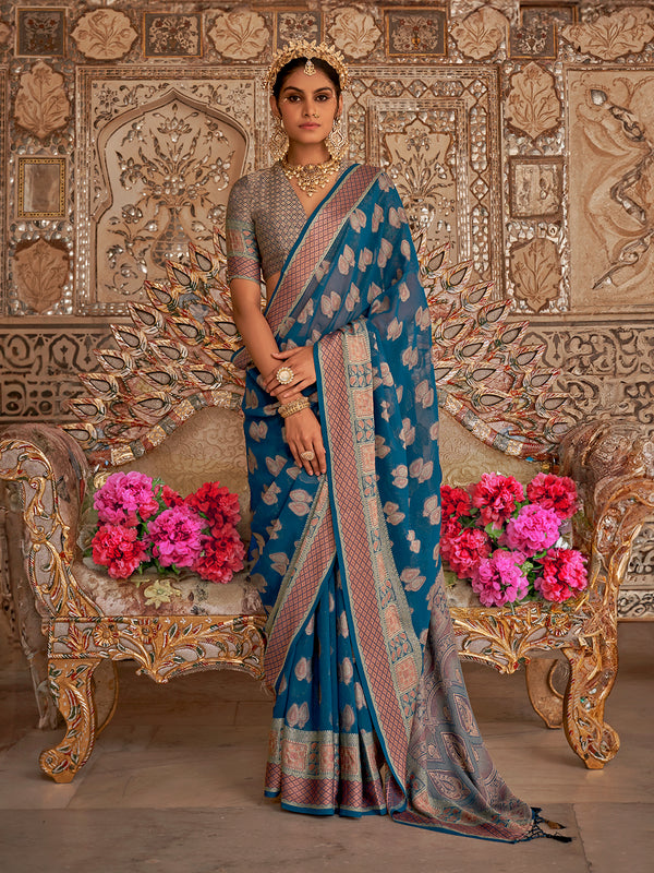 Georgette Silk Weaving Saree for Festival Wear In Navy Blue