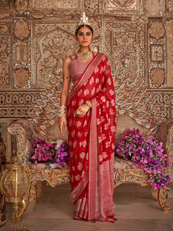 Festival Wear Red Georgette Silk Weaving Saree