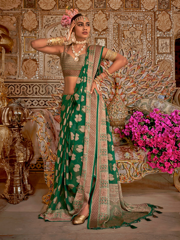 Designer Festival Wear Green Georgette Silk Weaving Saree