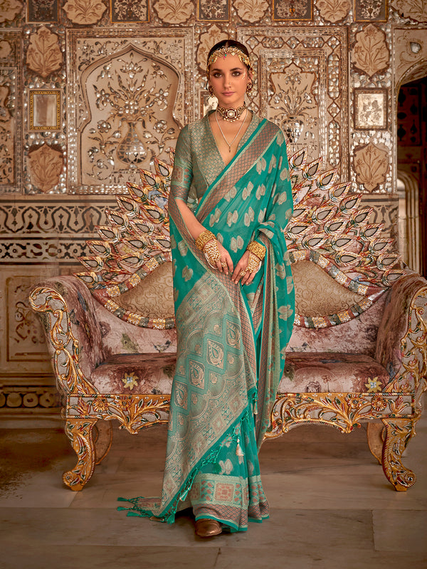 Teal Green Designer Georgette Silk Festival Saree